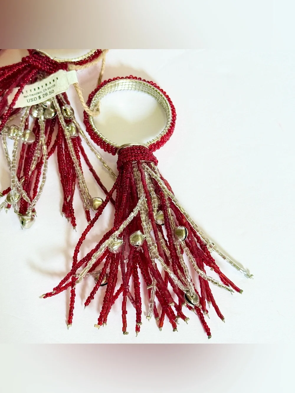 NWT Pottery Barn Red & Silver Beaded Jingle Bell Tassel Napkin Rings Set of 4